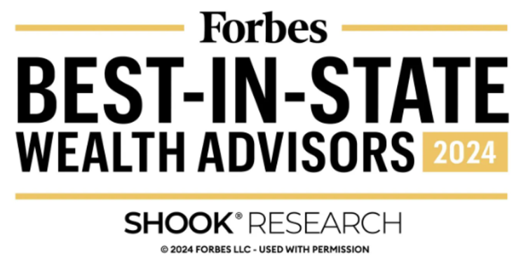 The logo for the Forbes Best In State Wealth Advisors featured in back and gold text with a white background